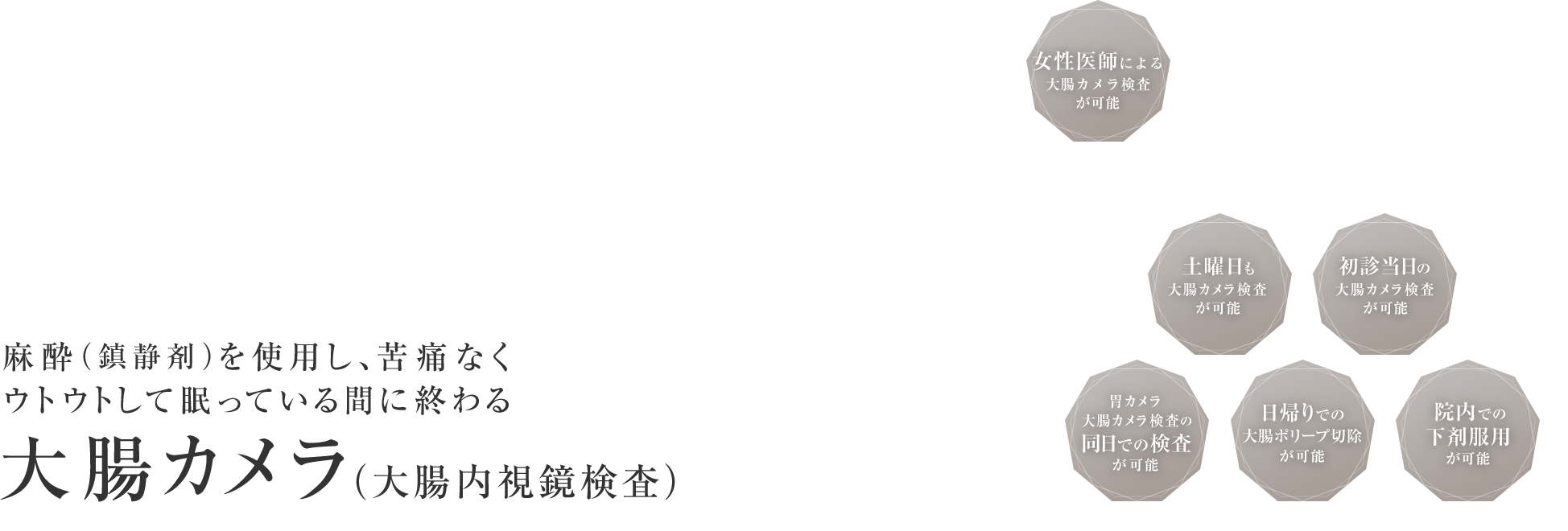 麻酔(鎮静剤)を使用し、苦痛なくウトウトして眠っている間に終わる大腸カメラ(大腸内視鏡検査)